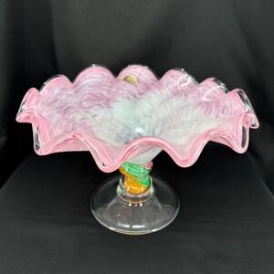 Vintage Murano Pink Swirl‎ Art Glass Ruffles Pedestal Bowl Venetian Centerpiece